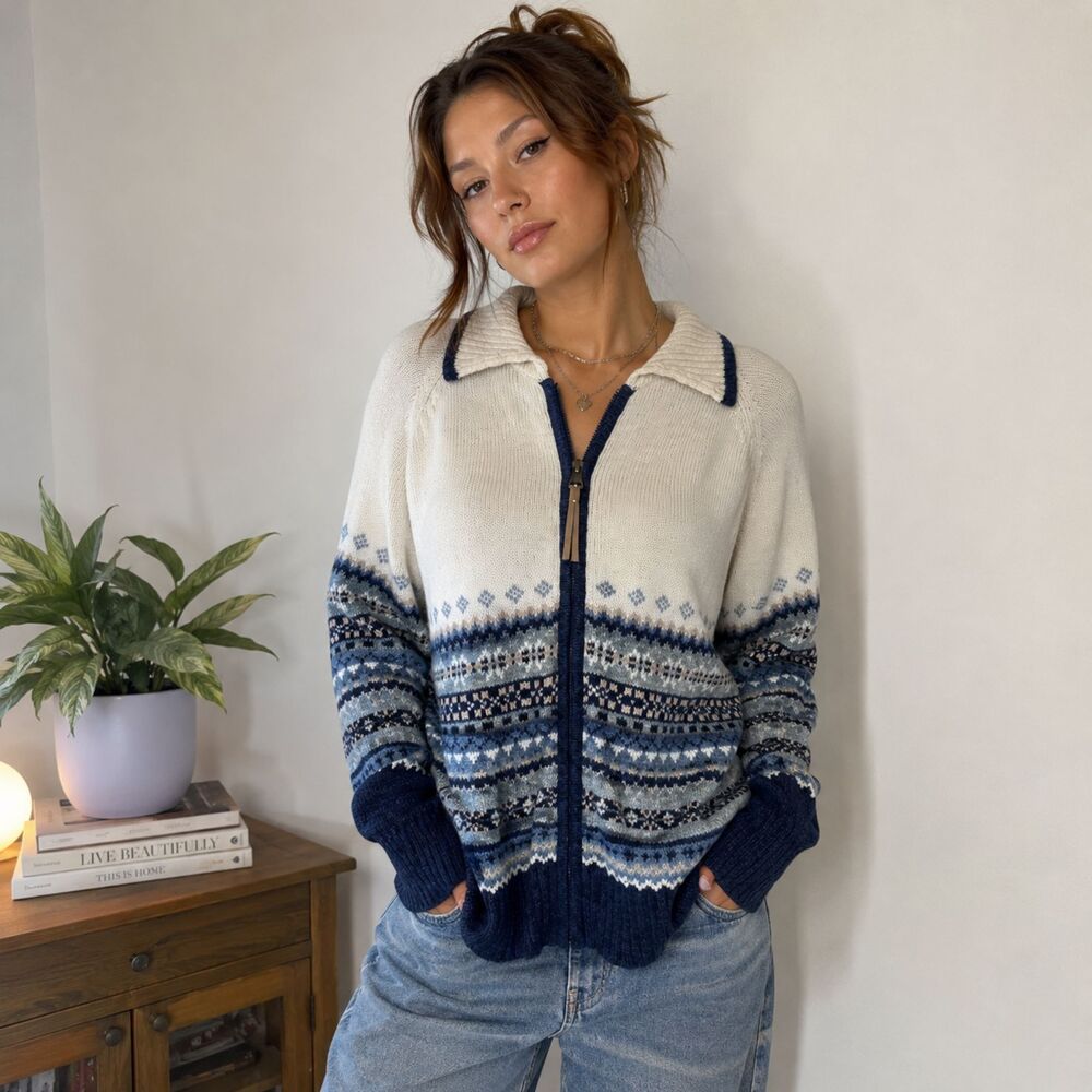 Y2K Heirloom Collectibles Women Cardigan L Blue Fair Isle Ramie Cotton Zip